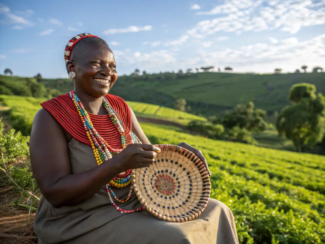 A woman demonstrating a craft she learned through Samata Care’s vocational training program, showcasing the economic empowerment projects.