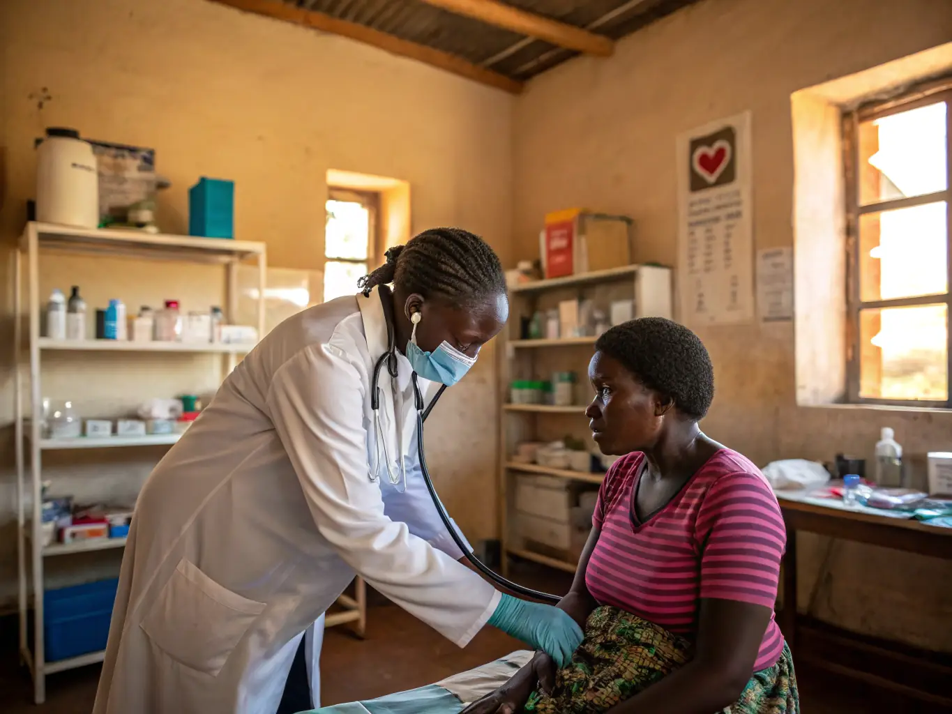 A community health worker administering a check-up to a child in a rural Kenyan village, showcasing Samata Care's healthcare support program.