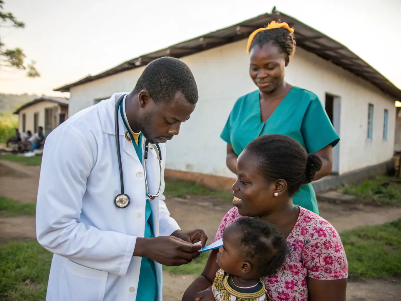 A community health worker administering a check-up to a child in a rural Kenyan village, showcasing Samata Care's healthcare support program.