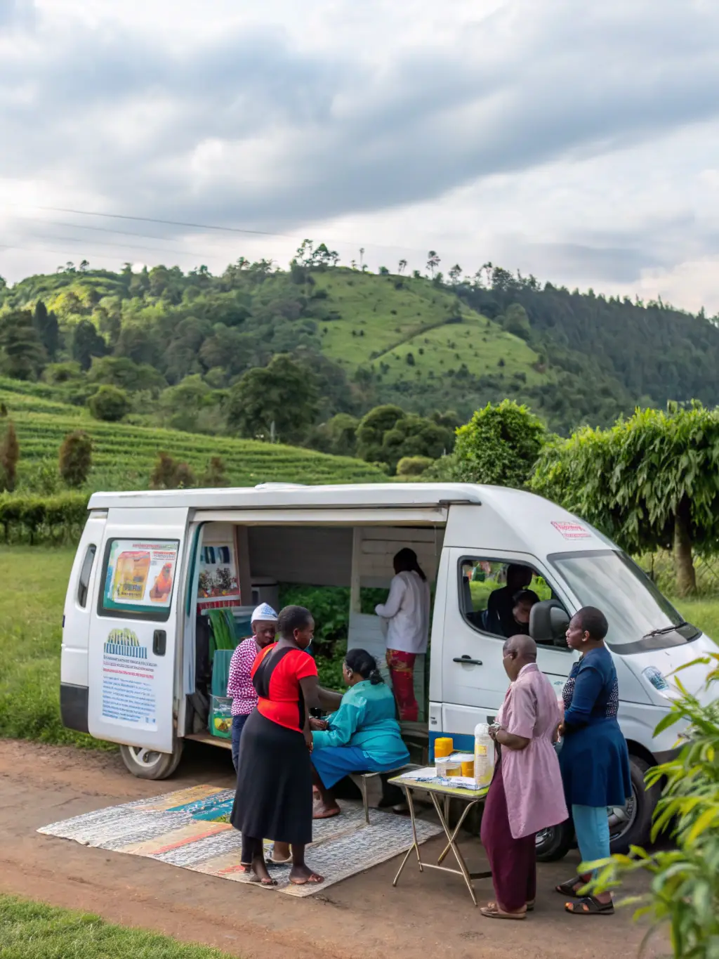 A photo of a mobile clinic providing healthcare services in a rural Kenyan village, with a Samata Care banner visible.