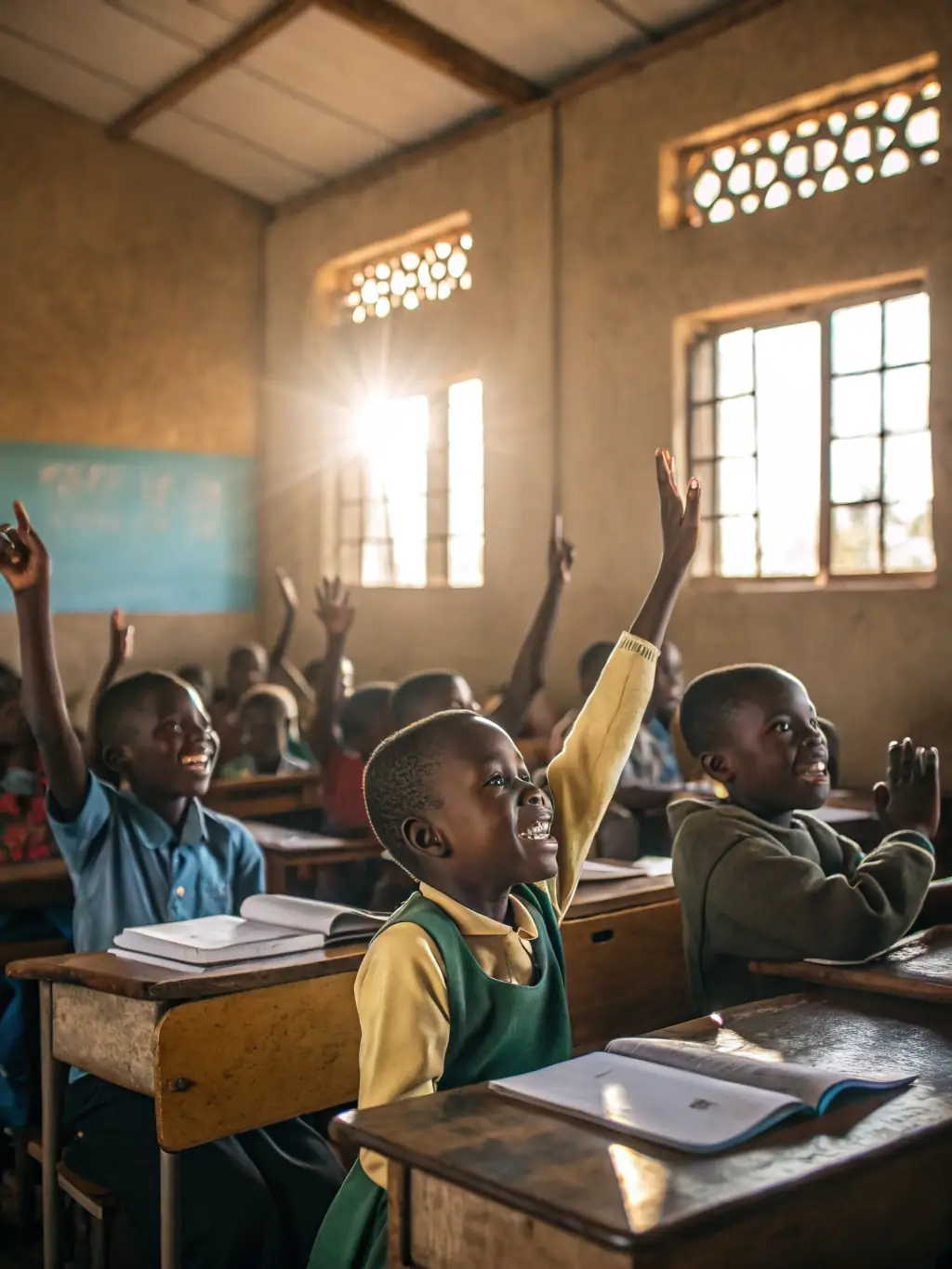 A group of Kenyan students in a classroom, smiling and engaged in a lesson, with Samata Care educational materials visible.