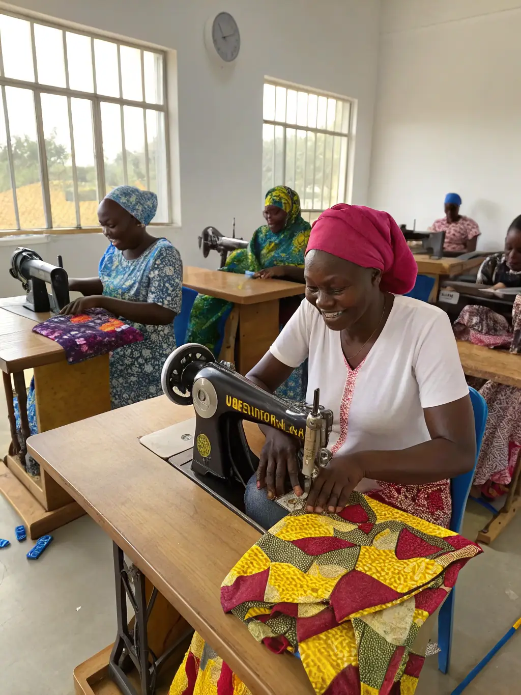 Kenyan women participating in a vocational training program, learning skills such as tailoring or beadwork, supported by Samata Care.