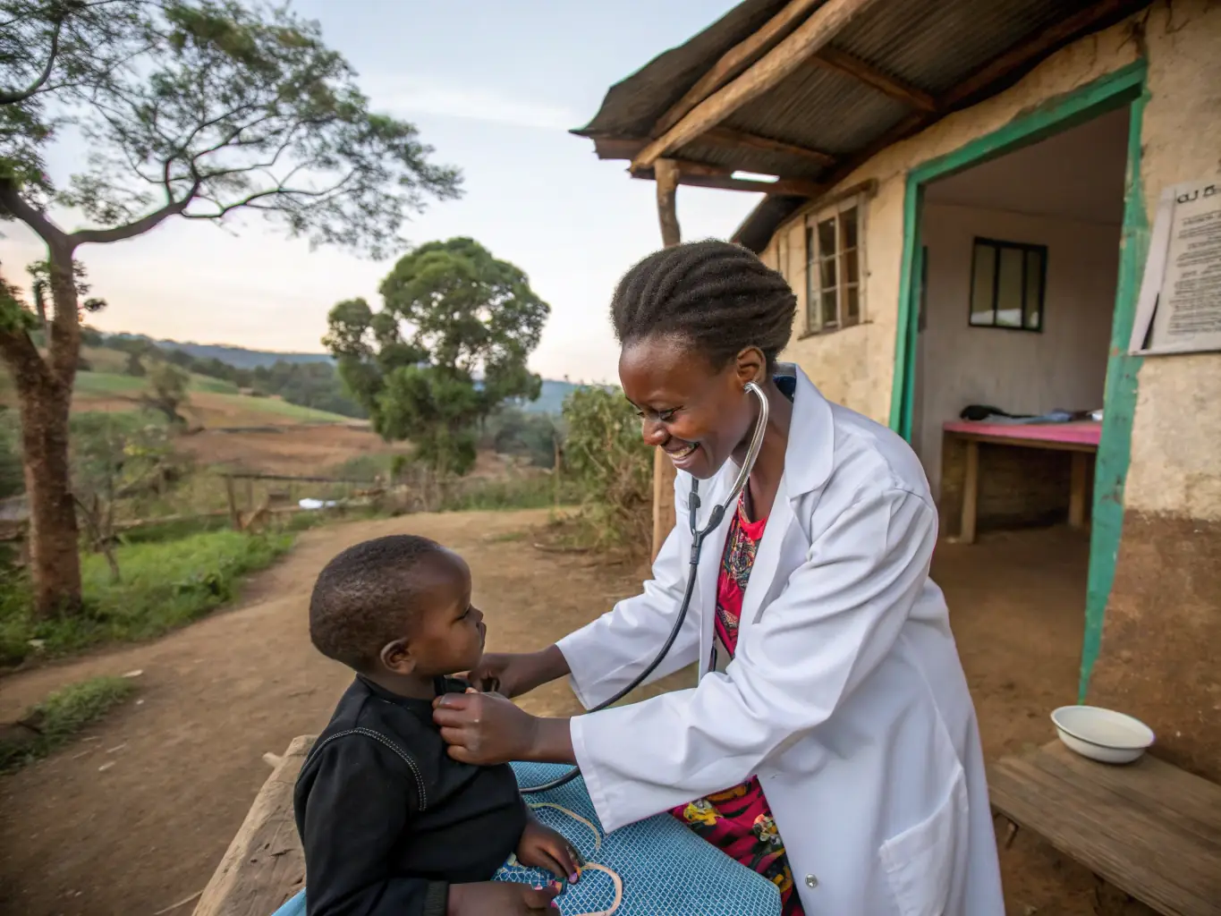 A photo of a community health worker providing basic medical care to a woman and child in a rural Kenyan village. The image should convey compassion and the importance of accessible healthcare.