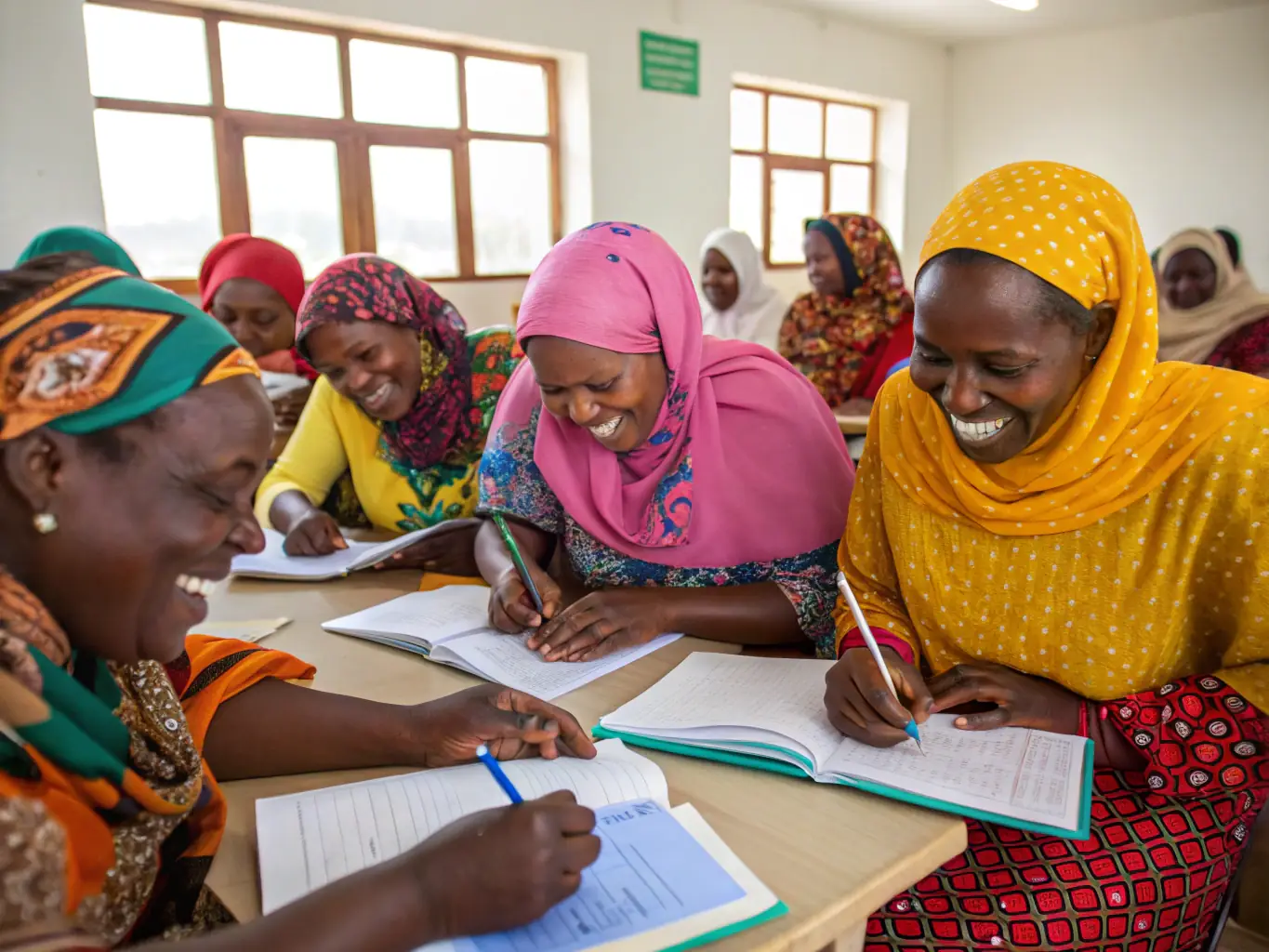 A group of women participating in a microfinance workshop, learning about business skills and financial literacy. The image should show empowerment and the potential for economic growth.