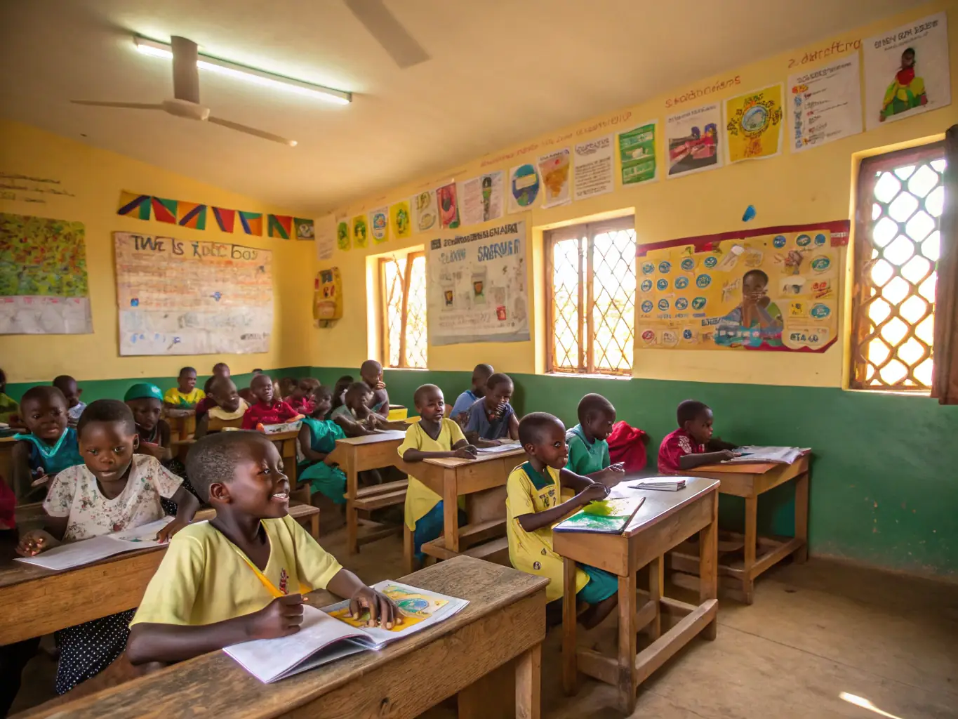 A vibrant image of children in a classroom setting in rural Kenya, engaged in learning activities, with a teacher guiding them. The scene should depict a positive and supportive educational environment.